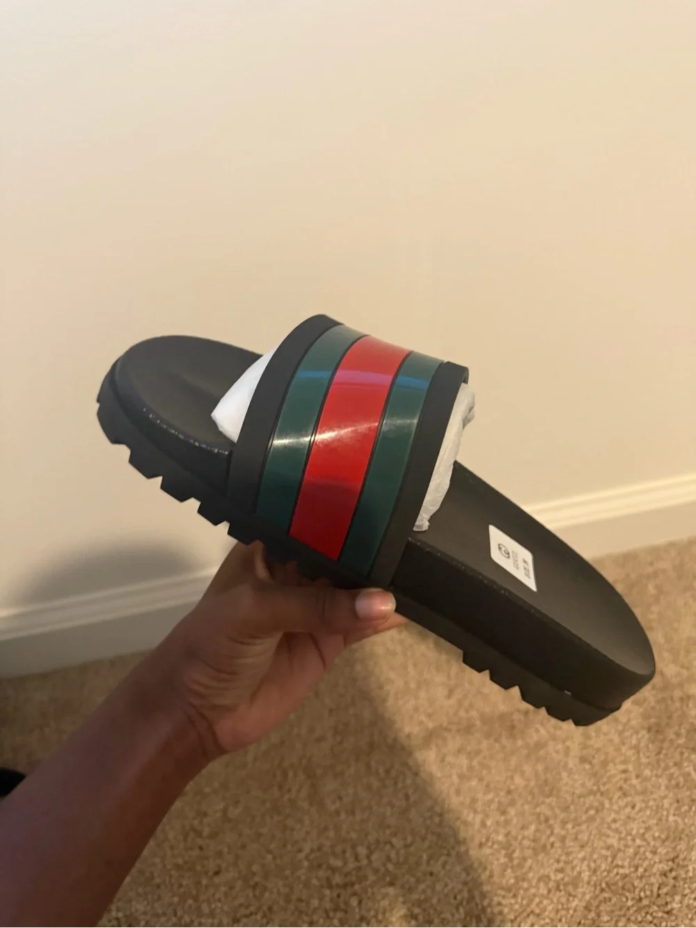 Gucci Black Slide Sandal with Red and Green Stripes